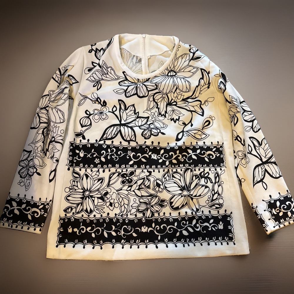 Vintage MCM Floral Top Womens S M Hippie Black White